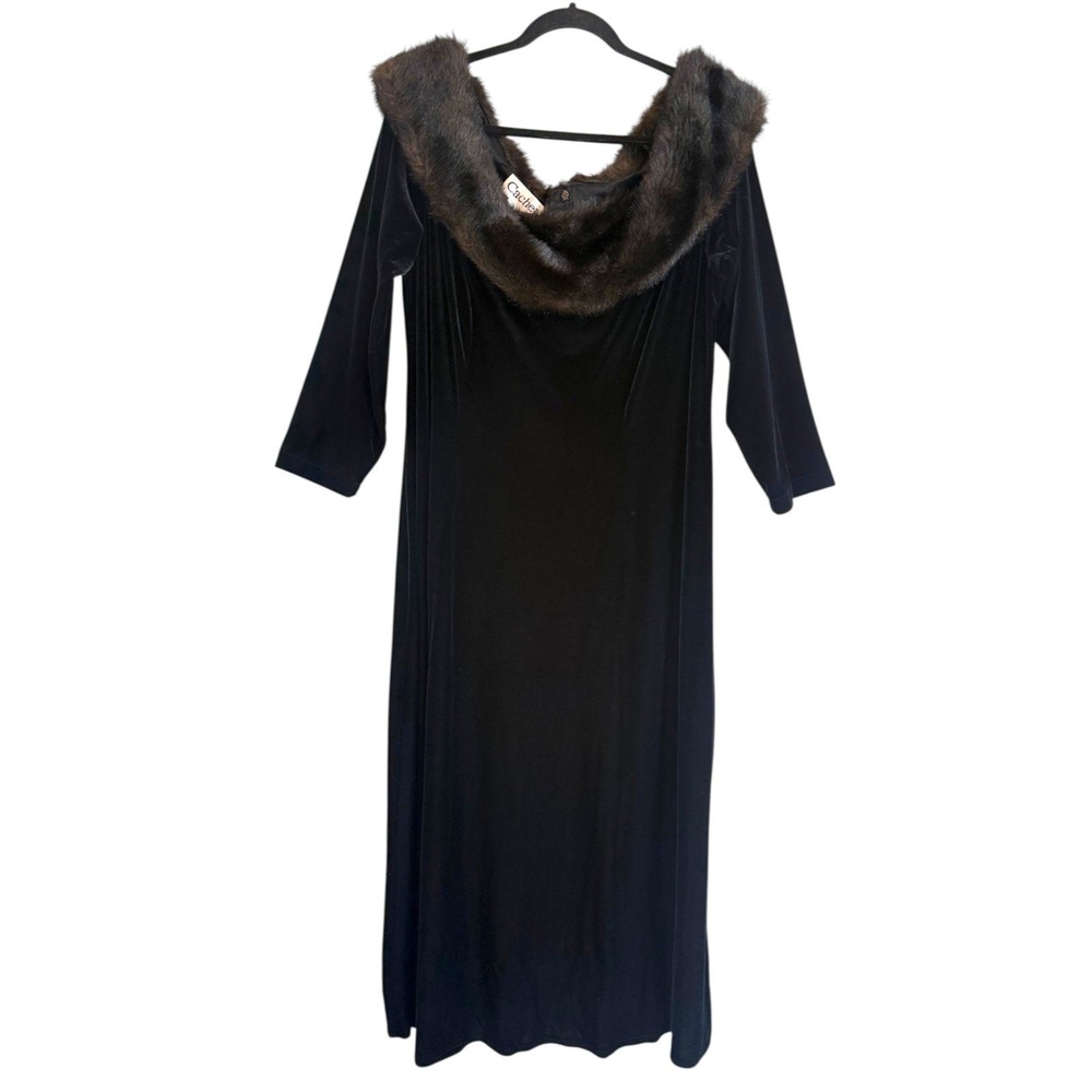 Vintage Cachet Velvet Maxi Dress Faux Fur Collar Black 90s Old Holywood Glam 20W